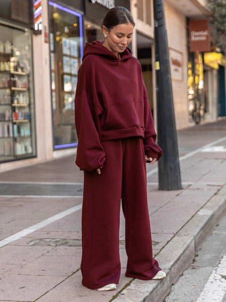 Bawełniane dresowe SPODNIE szeroki krój bez ściągaczy z dresu drapanego bordowe X512