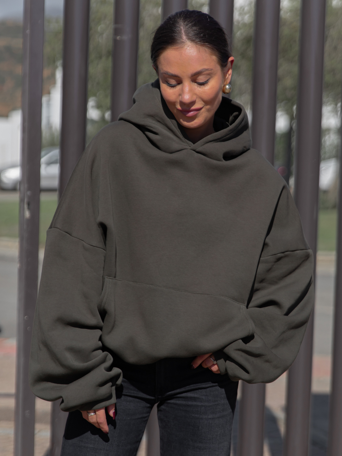 Viralowa Dresowa bawełniana BLUZA z kapturem oversize szeroka dark khaki E644