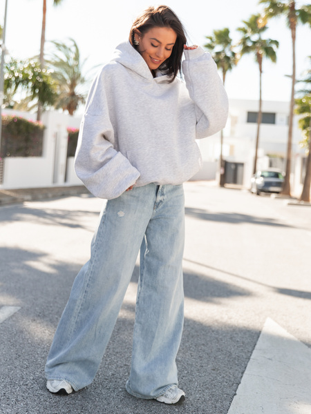 Viralowa Dresowa bawełniana BLUZA z kapturem oversize szeroka szary melanż E644