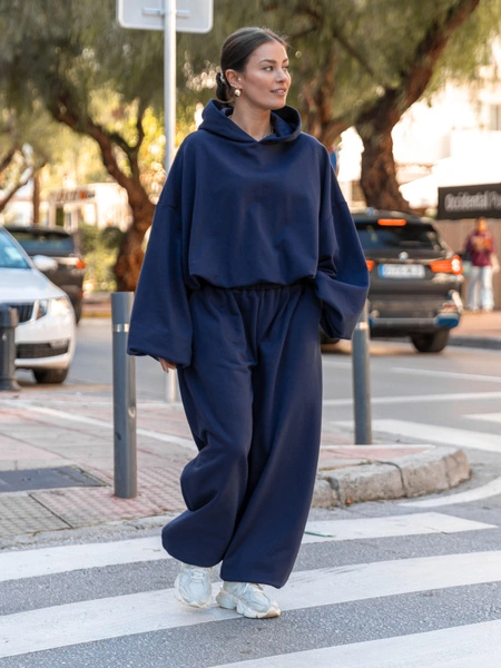 Bawełniane dresowe SPODNIE oversize baggy ze ściągaczami z dresówki pętelkowej navy blue X516