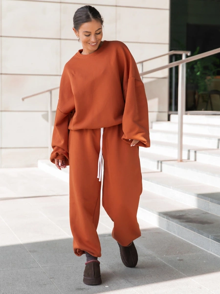 Dresowe bawełniane SPODNIE baggy niski stan dark pumpkin orange X403 k01