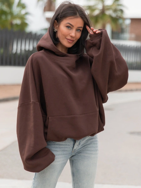 Viralowa Oversizowa BLUZA z kapturem bluzowana kangurka z bawełnianej dresówki brązowa X2 k01