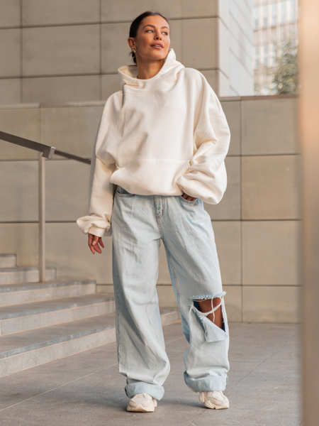 Viralowa Bawełniana BLUZA z drapanego dresu z kapturem na stójce z kieszeniami kangurka ecru E1