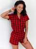 PIŻAMA komplet do spania luźna koszulka na guziki i spodenki czerwona w kratę P32 k01
