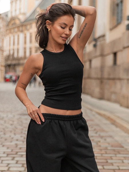 Bawełniana prążkowana BLUZKA bokserka czarna X152 k01