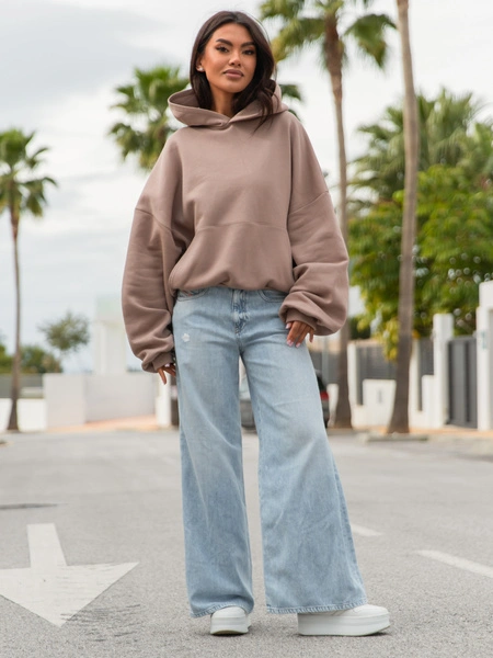 Viralowa Dresowa bawełniana BLUZA z kapturem oversize szeroka mokka E644