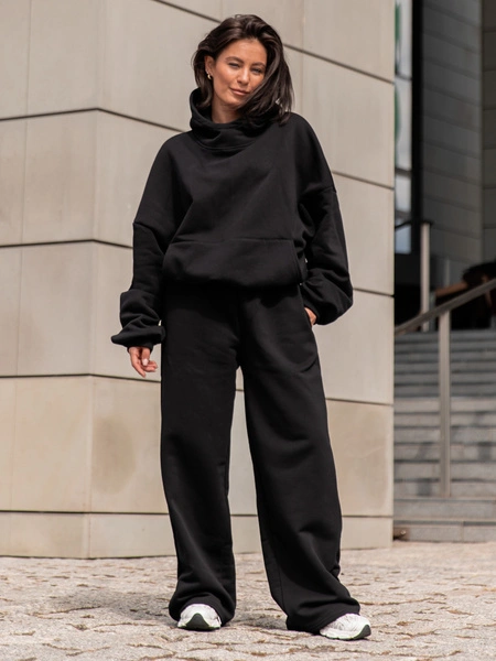 Viralowa Bawełniana BLUZA z drapanego dresu z kapturem na stójce z kieszeniami kangurka czarny E1