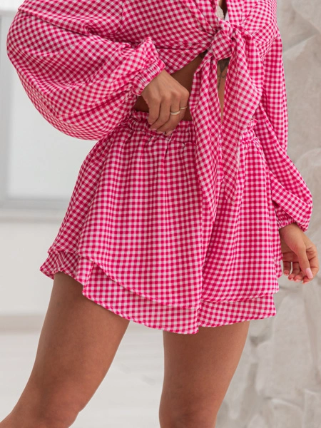 Zwiewne krótkie SPODENKI szorty w kratkę czerwone X207 k01