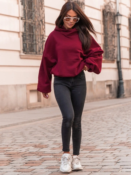 Bawełniana BLUZA z drapanego dresu z kapturem na stójce z kieszeniami kangurka bordowa E1