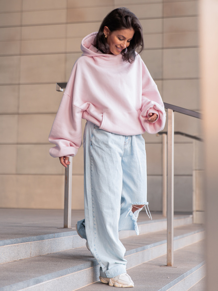 Viralowa Bawełniana BLUZA z drapanego dresu z kapturem na stójce z kieszeniami kangurka baby pink E1