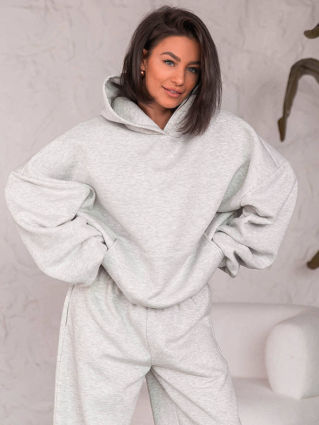 Dresowa bawełniana BLUZA z kapturem oversize szeroka szary melanż E644