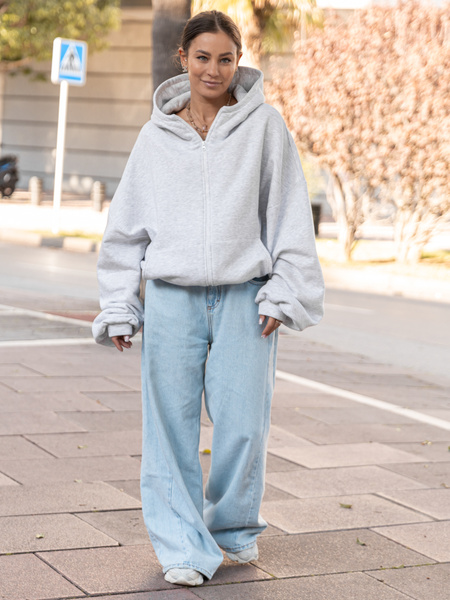 Bawełniana oversizowa BLUZA z kapturem zapinana na zamek z dresu drapanego szary melanż X508