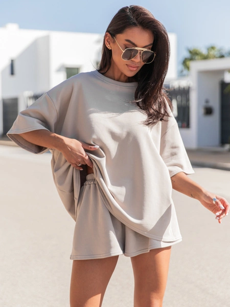 Dresowy bawełniany KOMPLET długi oversizowy t-shirt i krótkie spodenki stone X134