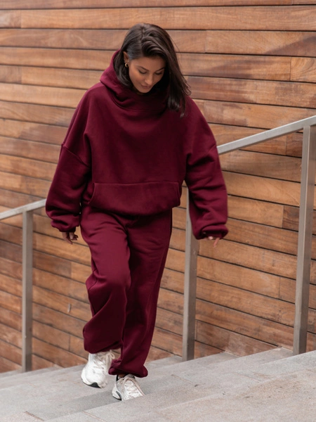 Viralowa Bawełniana BLUZA z drapanego dresu z kapturem na stójce z kieszeniami kangurka bordowa E1