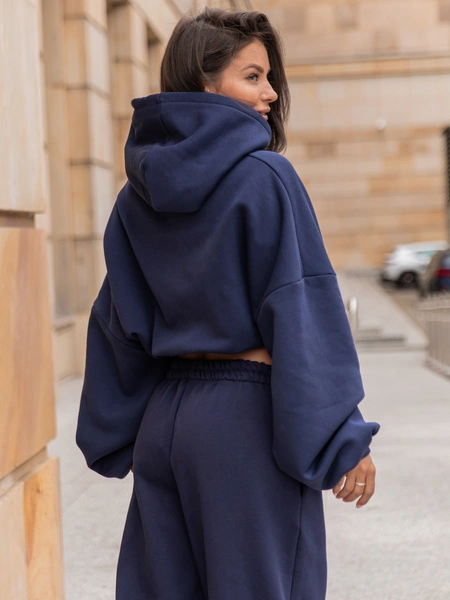 Dresowa bawełniana BLUZA kangurka z kapturem o krótszym kroju bluzowana navy blue X304