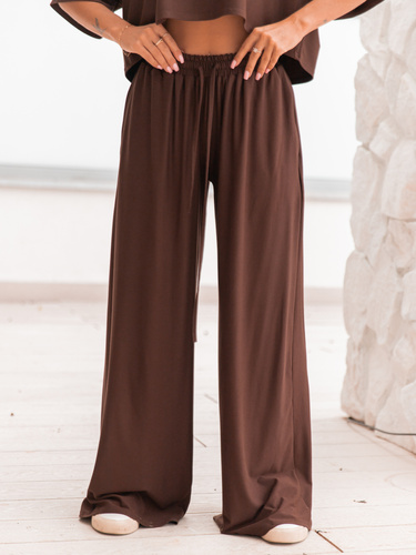 Szerokie SPODNIE z wiskozy ze średnim stanem z gumką w pasie czekoladowe X202 k01
