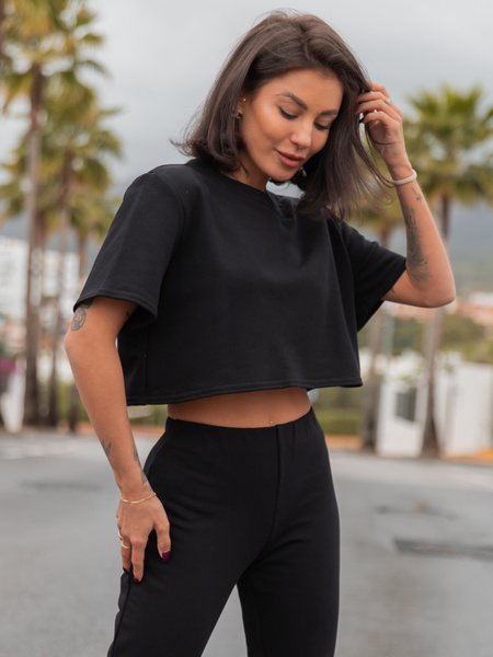 Dresowy bawełniany T-SHIRT z krótkim rękawem oversize czarny X56 k01