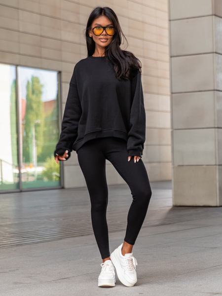 Bawełniany KOMPLET asymetryczna dresowa oversizowa bluza bez kaptura i spodnie legginsy z prążkowanej dzianiny czarny X351 k01