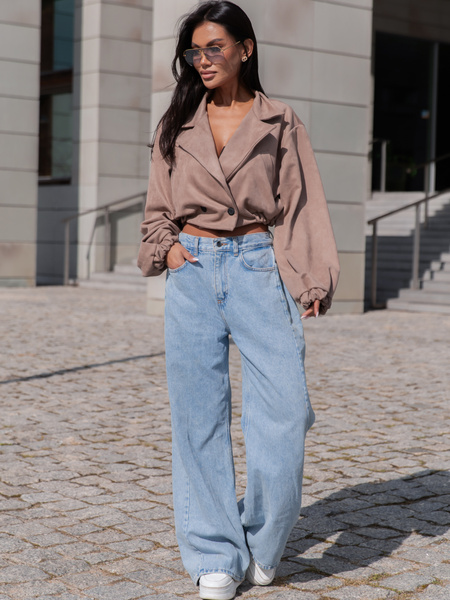 Oversizowa zamszowa krótka KURTKA o szerokim kroju ze ściągaczem beżowa X407