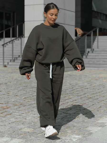 Dresowa bawełniana BLUZA oversize szeroka dark khaki X402