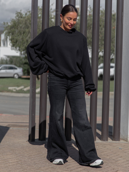 Oversizowa bawełniana BLUZA z drapanego dresu z poduszkami na ramionach czarna X469