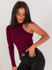 Bawełniana BLUZKA z prążkowanej dzianiny z jednym asymetrycznym długim rękawem i chokerem bordowa E512 k01
