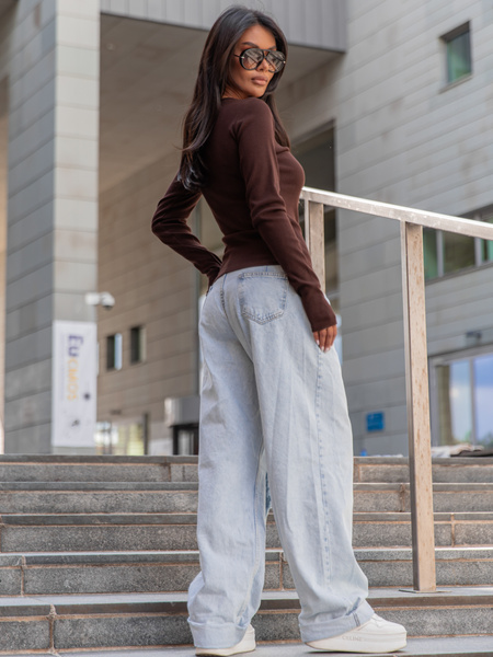 Basic Bawełniana BLUZKA z prążkowanej dzianiny czekoladowa X355