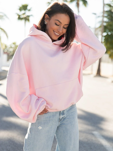 Viralowa Dresowa bawełniana BLUZA z kapturem oversize szeroka baby pink E644