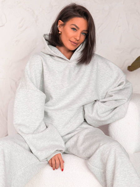 Dresowa bawełniana BLUZA z kapturem oversize szeroka szary melanż E644
