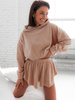 Welurowy komplet bluza z kapturem + krótkie spodenki beżowy c183 k01