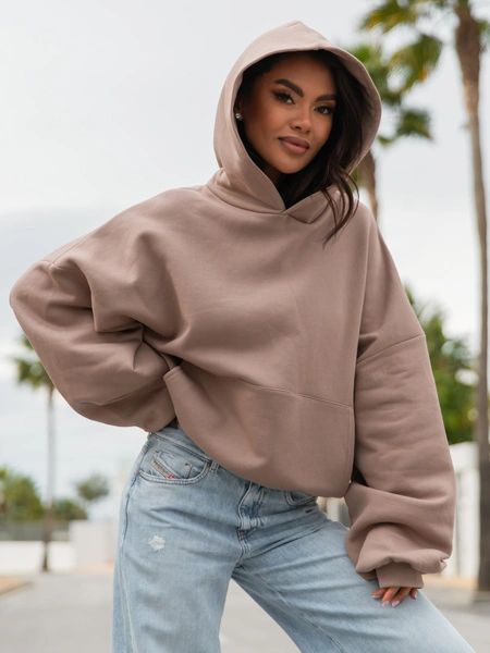 Viralowa Dresowa bawełniana BLUZA z kapturem oversize szeroka mokka E644