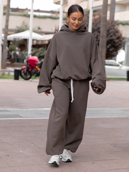 Dresowe bawełniane SPODNIE baggy niski stan dark mokka X403