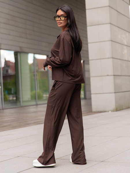 Wiskozowy codzienny KOMPLET lużna bluzka o kroju koszuli i luźne spodnie czekoladowy X357 k01