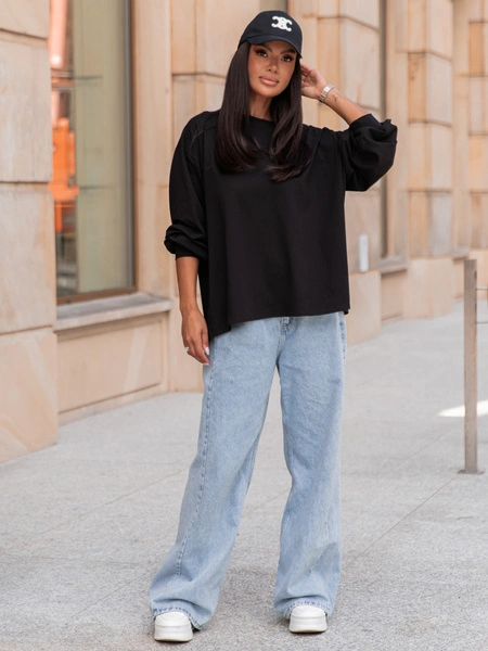 Oversizowy T-SHIRT bluzka z długim rękawem z bawełny czarny X313