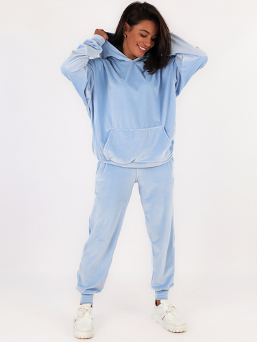 Welurowy dres komplet bluza kangurka + luźne spodnie baby blue C104 k01