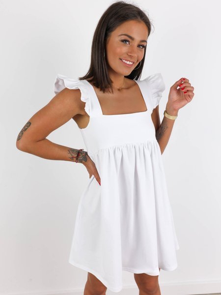 Bawełniana sukienka z dekoltem falbanki biała a135 k01