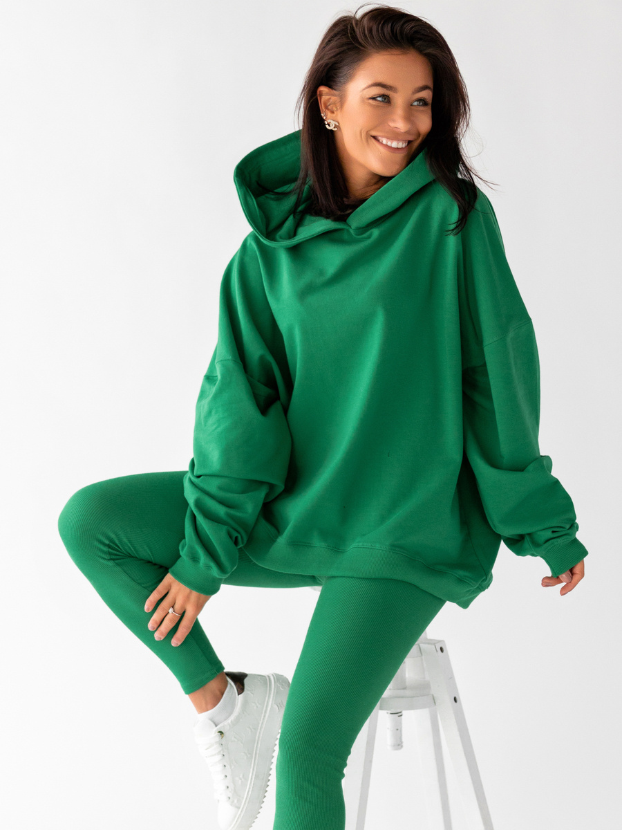 KOMPLET bawełniany oversizowa dłuższa bluza dresowa z kapturem i legginsy z prążka zielony D174