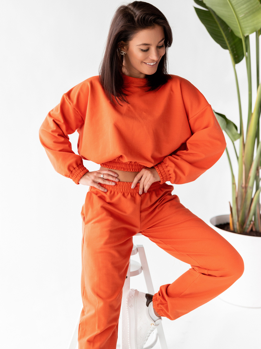 KOMPLET dresowy bawełniany krótka bluza i spodnie z niskim stanem pomarańczowy D161 k01