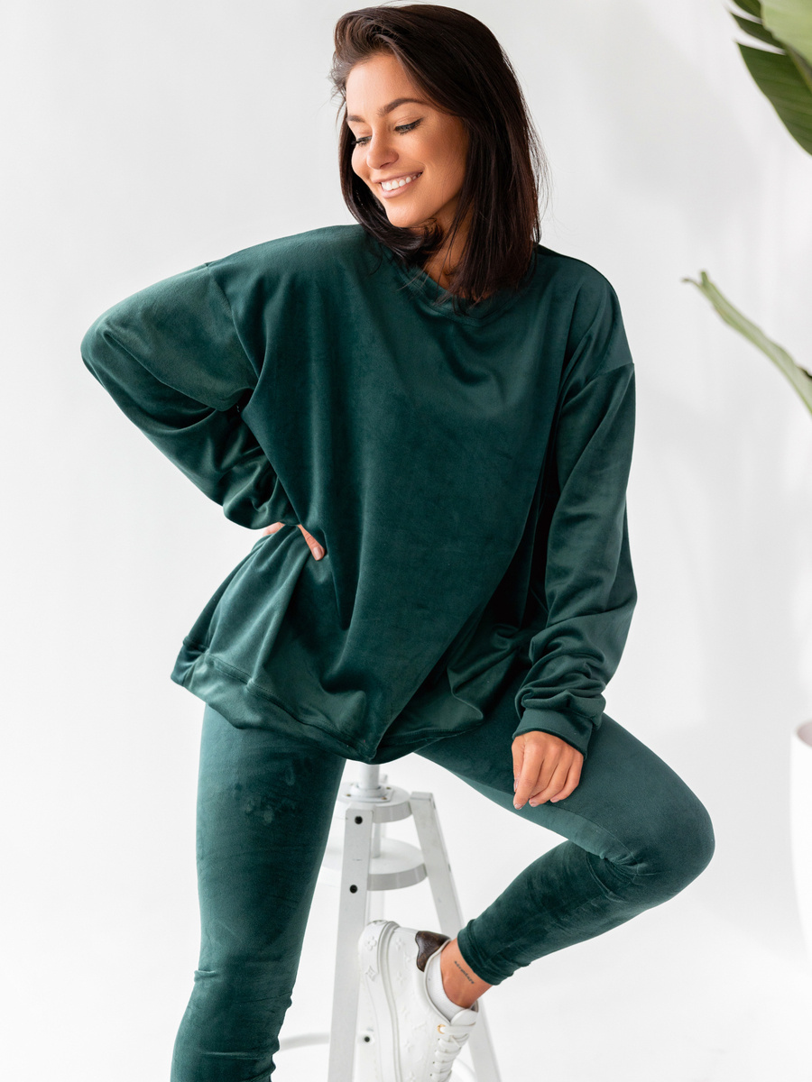 KOMPLET welurowy oversizowa dłuższa bluza i legginsy z wysokim stanem zielony D165