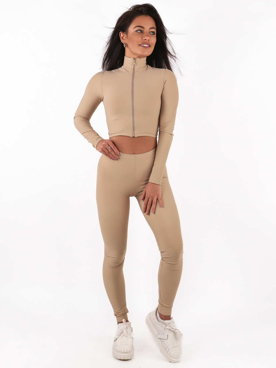KOMPLET z lycry krótka bluza z zamkiem na stójce i legginsy beżowy d135 k01