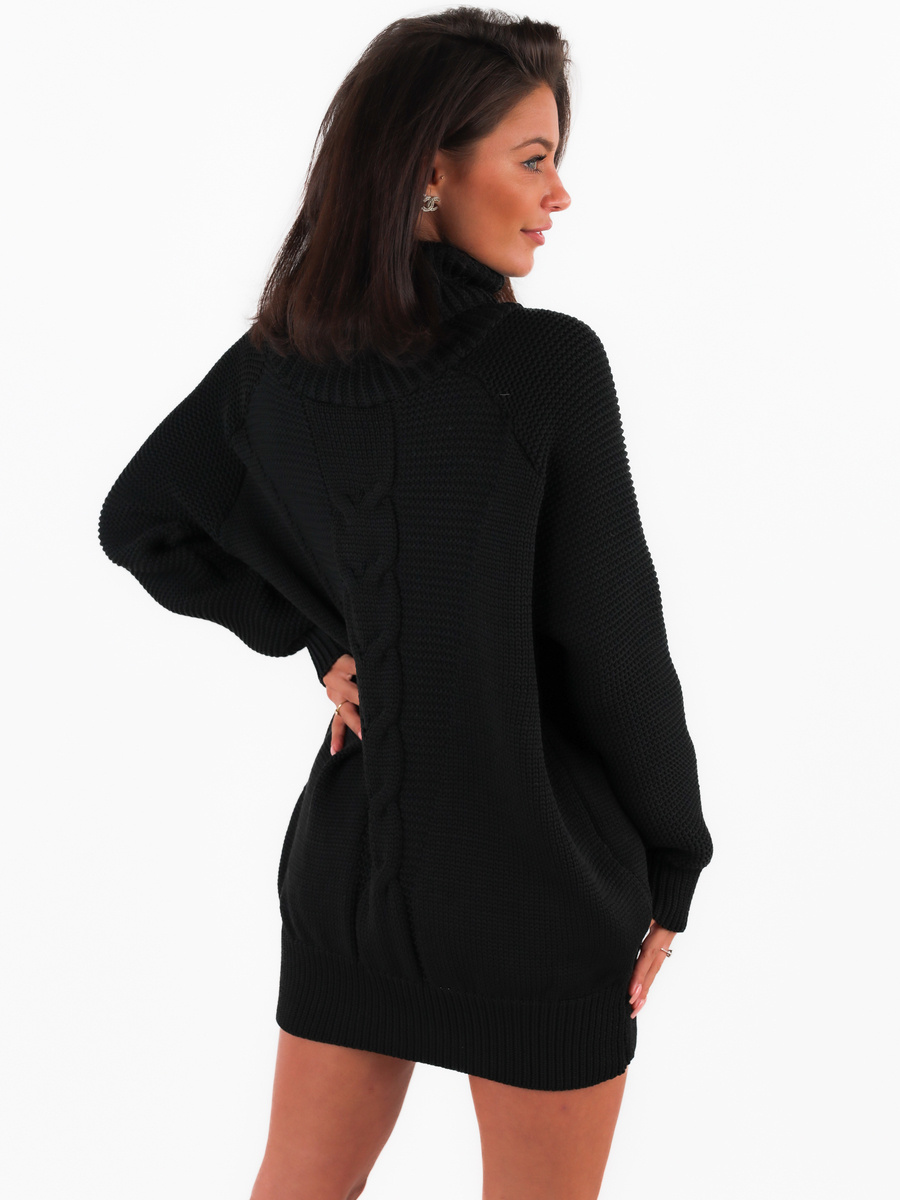 Sweter z golfem , tunika mini sukienka splot w warkocze czarna k264