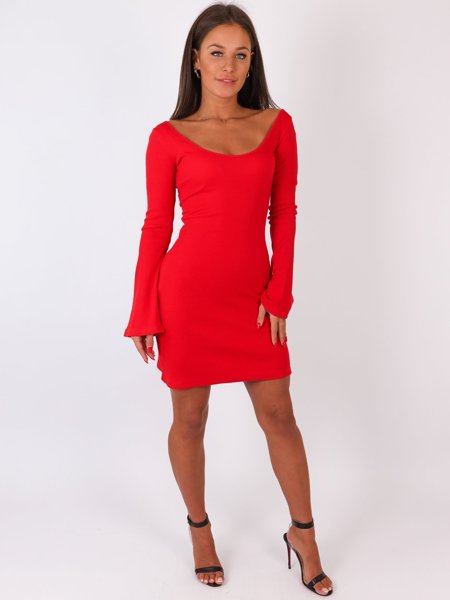 Trapezowa sukienka z szerokimi rękawami z dzianiny prążkowej czerwona b25  kk01 czerwony | WASSYL | Creative Fashion