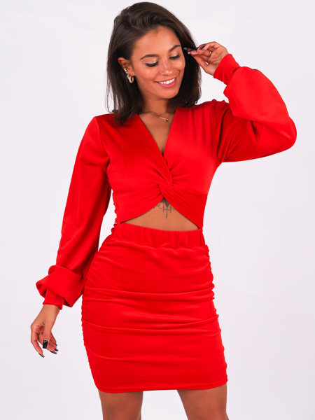 Welurowa dopasowana sukienka z sexy wycięciem czerwona B265 k01 czerwony |  WASSYL | Creative Fashion