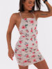 Dopasowana drapowana sukienka mini z gołymi plecami beżowa w róże c172 k01