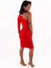 Dzianinowa elegancka sukienka midi z jednym rękawem czerwona c426 k01