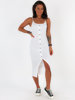 Ołówkowa dopasowana sukienka midi z guzikami na ramkach z prążka biała c221