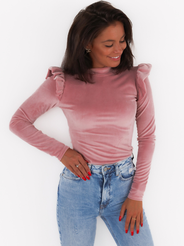 Велюрова блуза з довгим рукавом і воланами брудно-рожевий C360