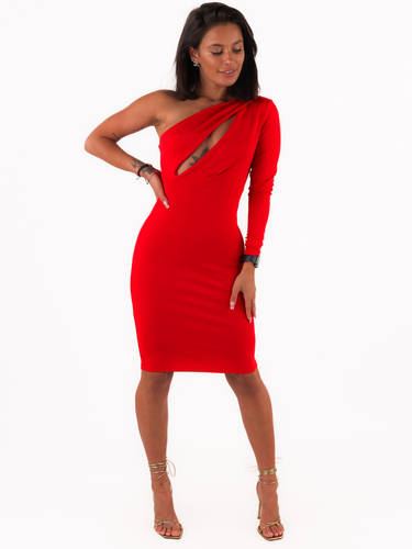Елегантна трикотажна сукня міді з одним рукавом червоний C426