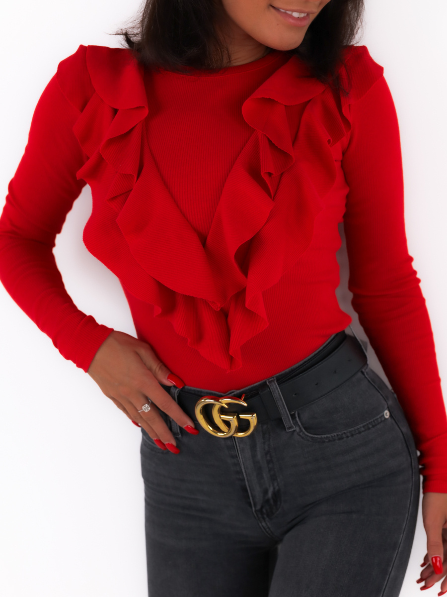 Блузка з довгим рукавом та валоном з рубчистого матеріалу червоний C334