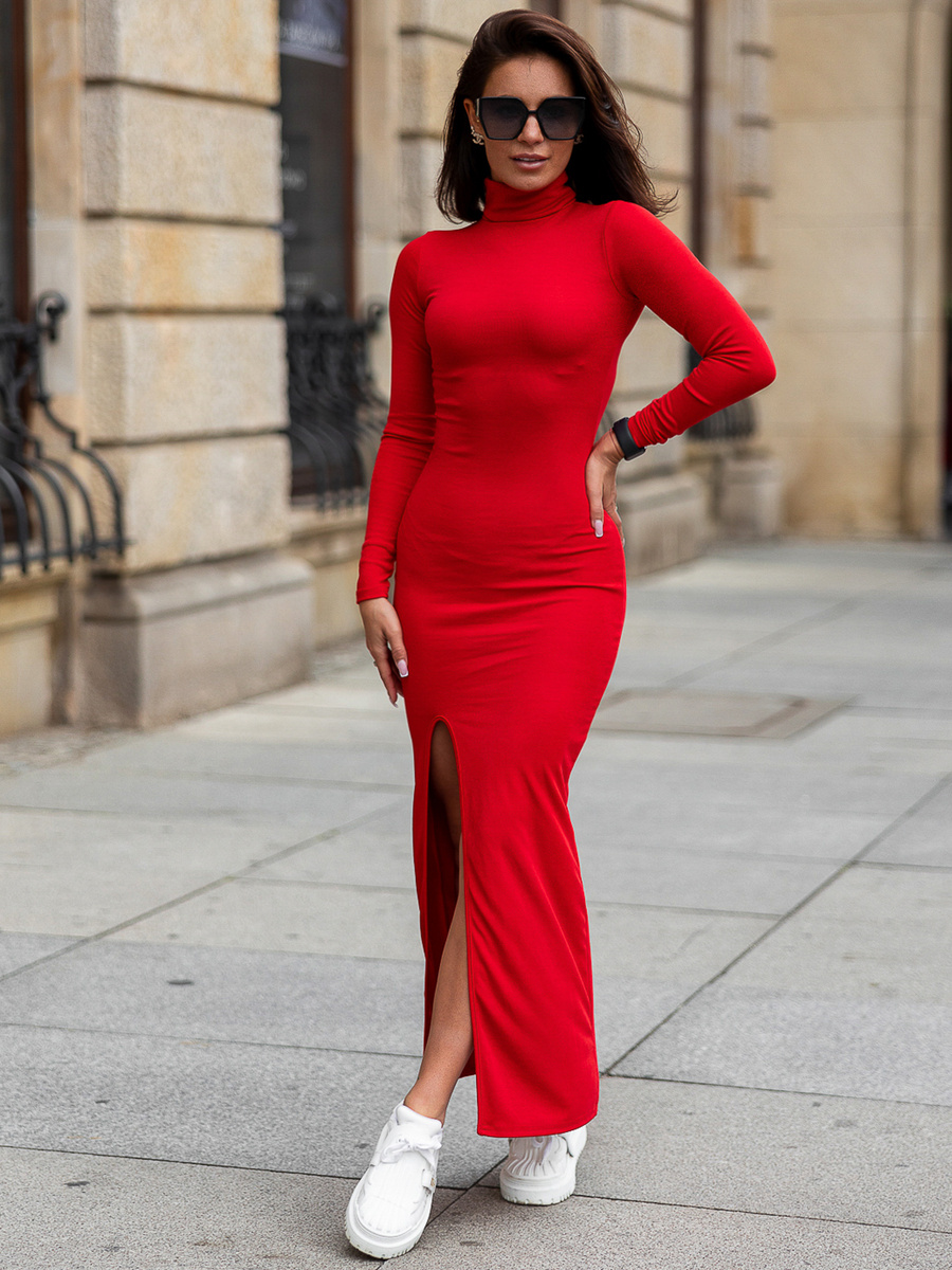 Трикотажна сукня з високим горлом максі червоний C427